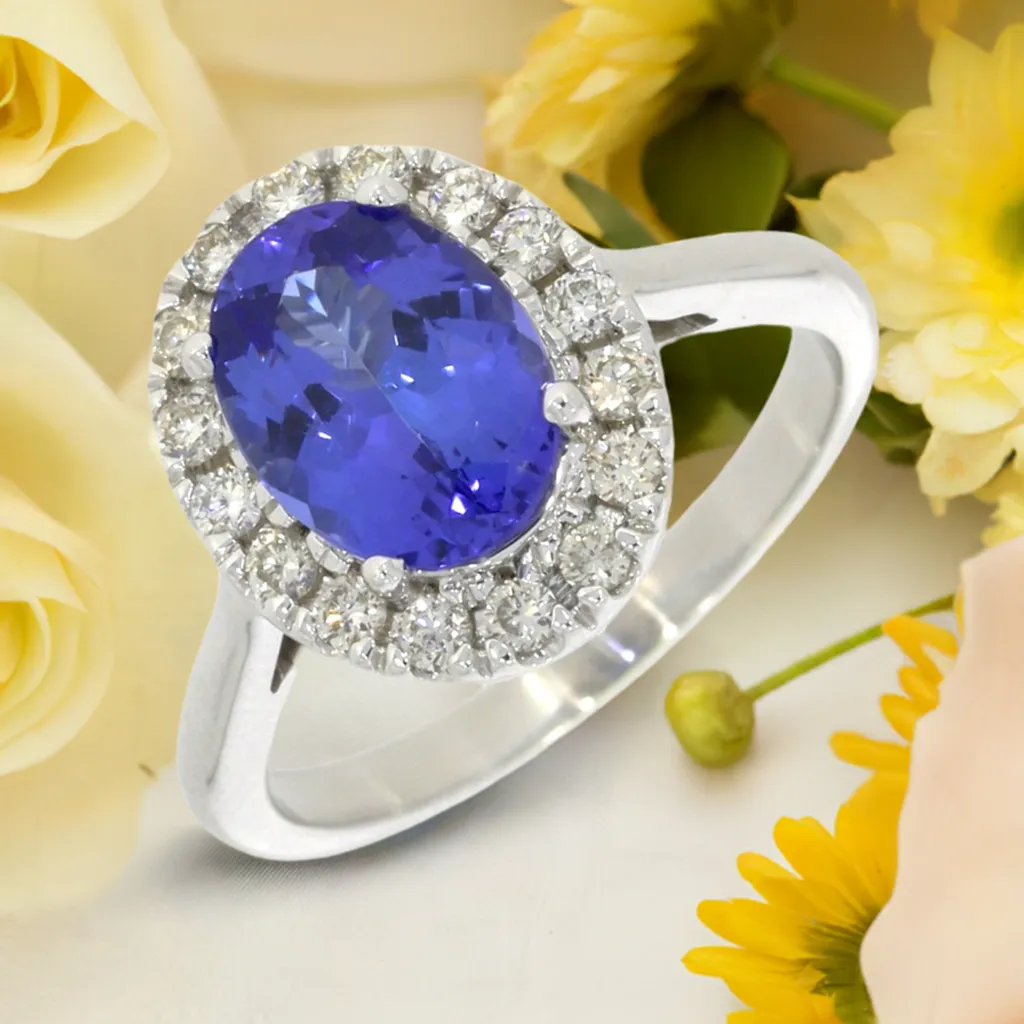 14ct White Gold 1.87cts Tanzanite and 0.35cts Diamond Cluster Ring