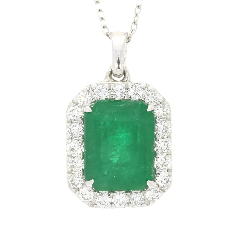 18ct White Gold 2.55ct Emerald and Diamond Set Pendant and Chain Necklace