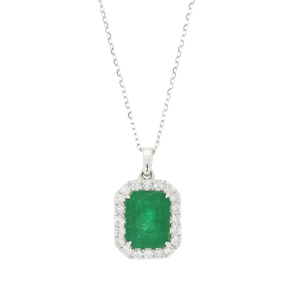 18ct White Gold 2.55ct Emerald and Diamond Set Pendant and Chain Necklace