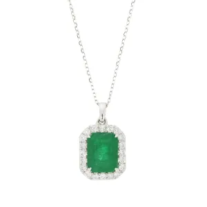 18ct White Gold 2.55ct Emerald and Diamond Set Pendant and Chain Necklace