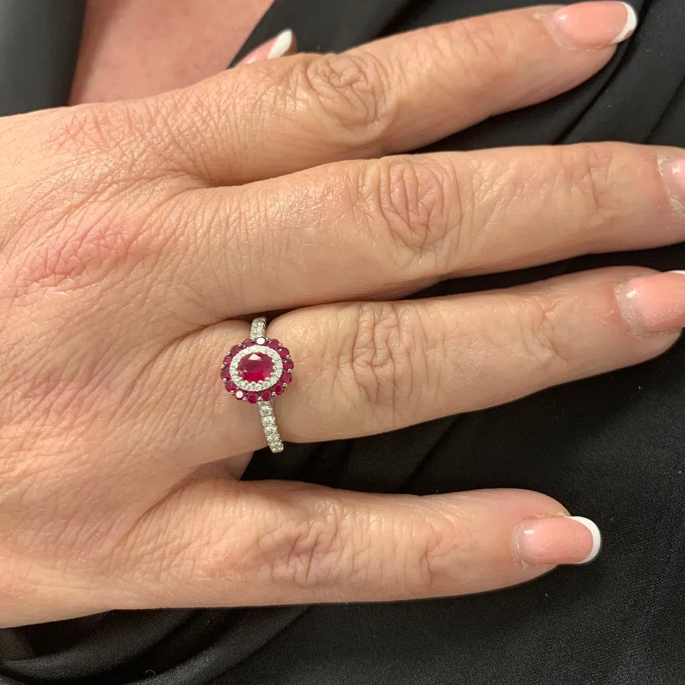 18ct White Gold Ruby and Diamond Multi Stone Cluster Ring