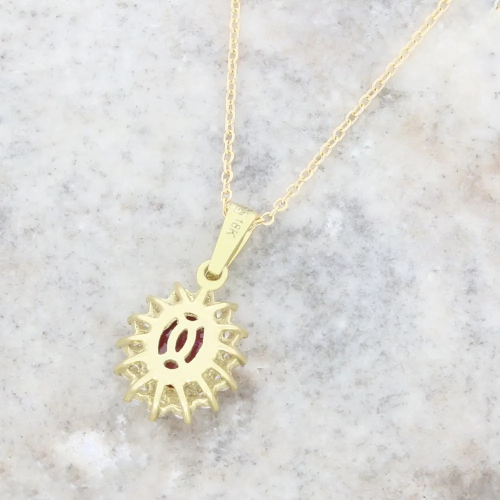 18ct Yellow Gold 1.27ct Ruby and 0.26ct Diamond Cluster Pendant and Chain