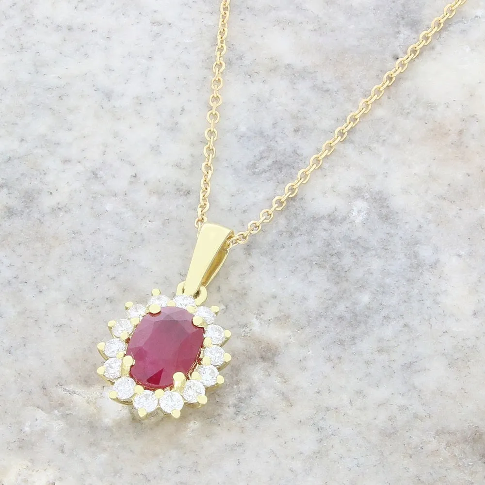 18ct Yellow Gold 1.27ct Ruby and 0.26ct Diamond Cluster Pendant and Chain