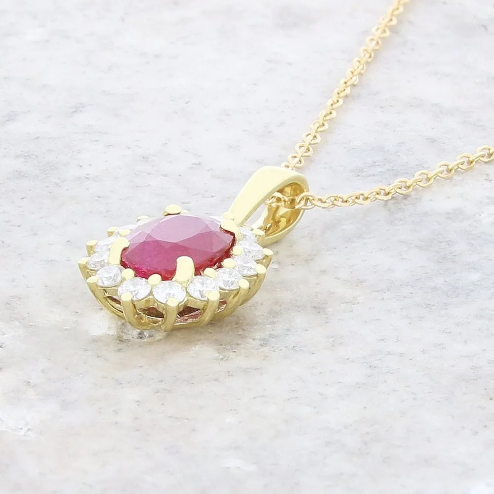 18ct Yellow Gold 1.27ct Ruby and 0.26ct Diamond Cluster Pendant and Chain