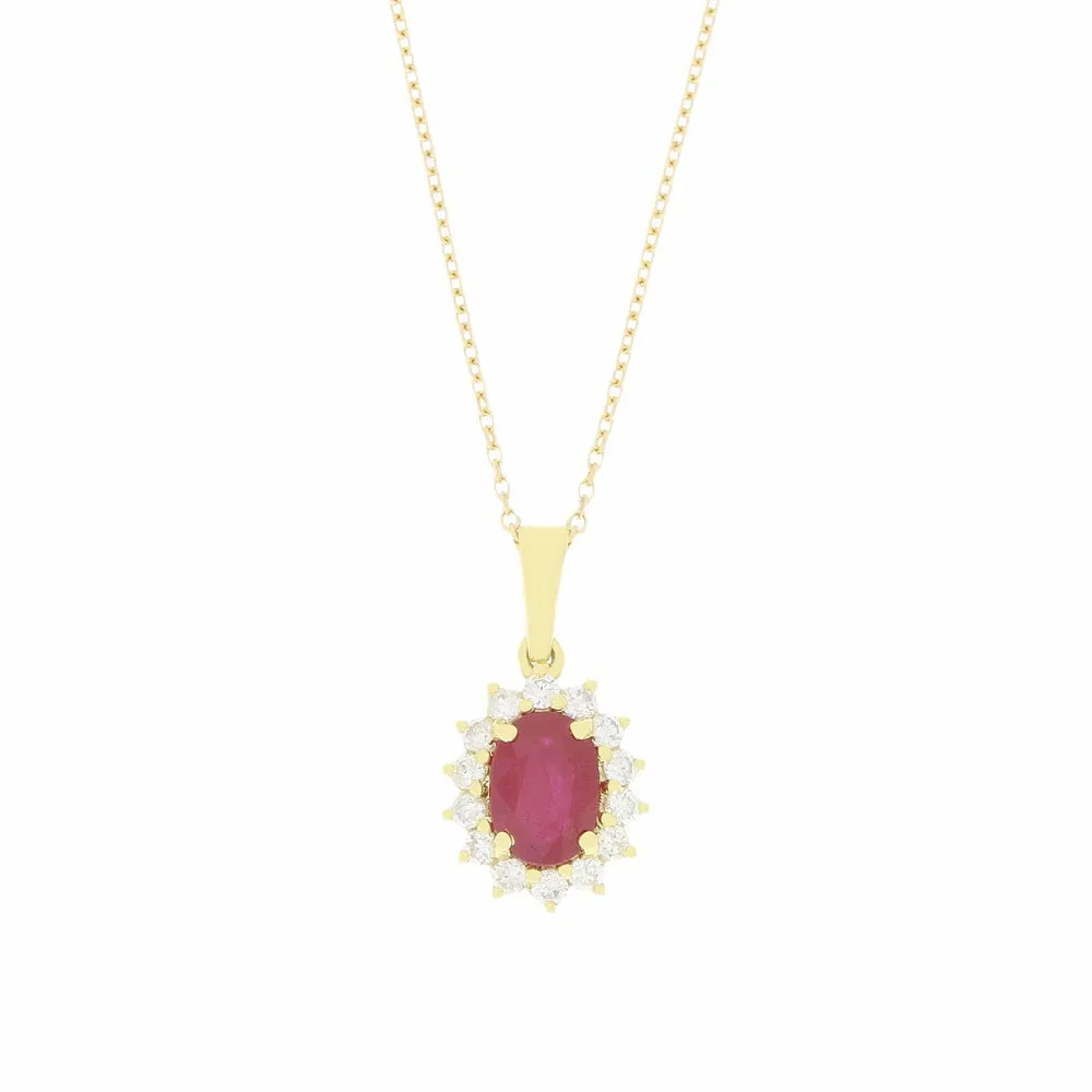 18ct Yellow Gold 1.27ct Ruby and 0.26ct Diamond Cluster Pendant and Chain