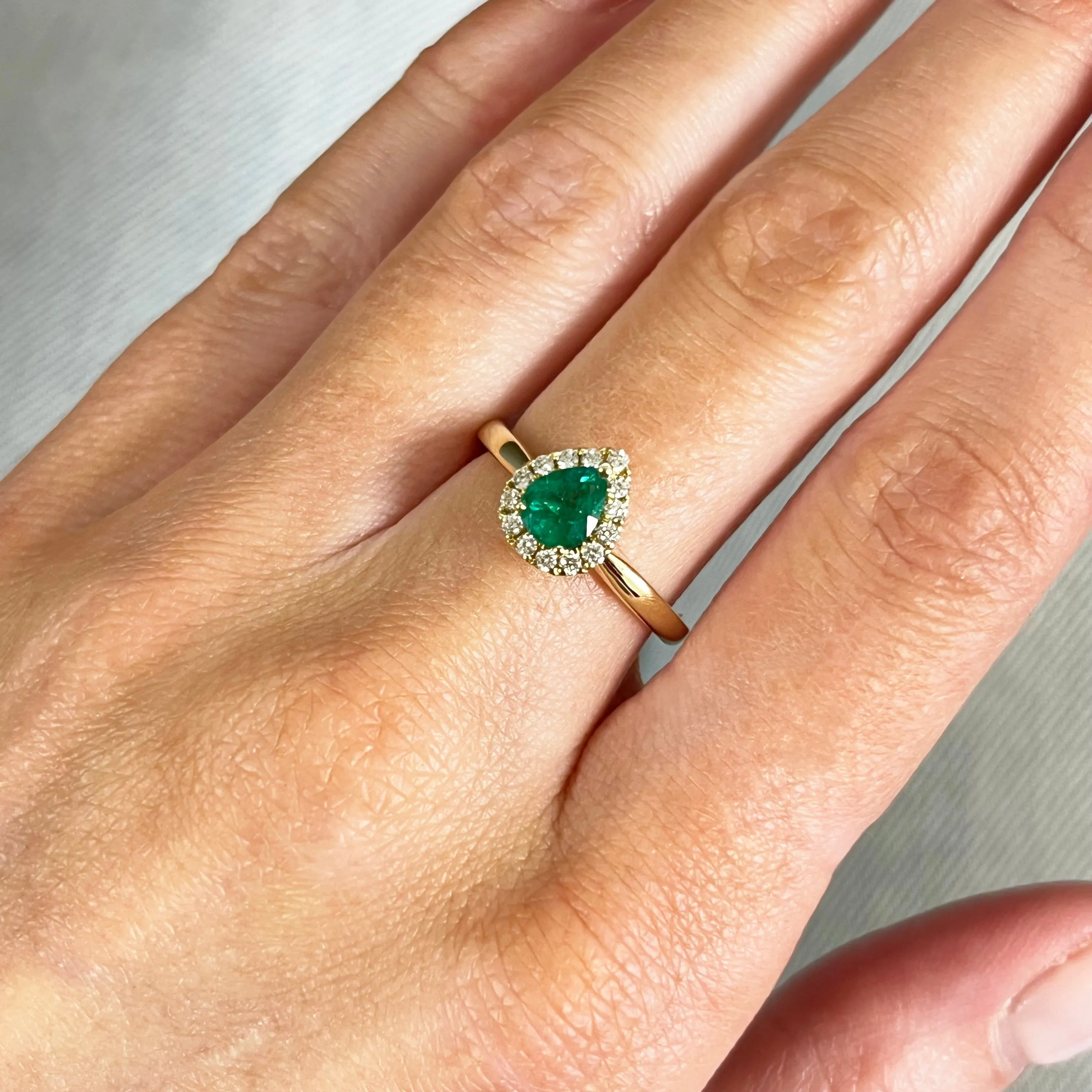 18ct Yellow Gold Pear Shape Emerald and Diamond Cluster Ring