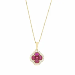 18ct Yellow Gold Ruby and Diamond Cluster Pendant and Chain
