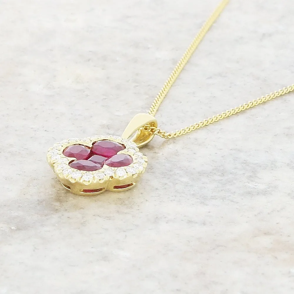 18ct Yellow Gold Ruby and Diamond Cluster Pendant and Chain