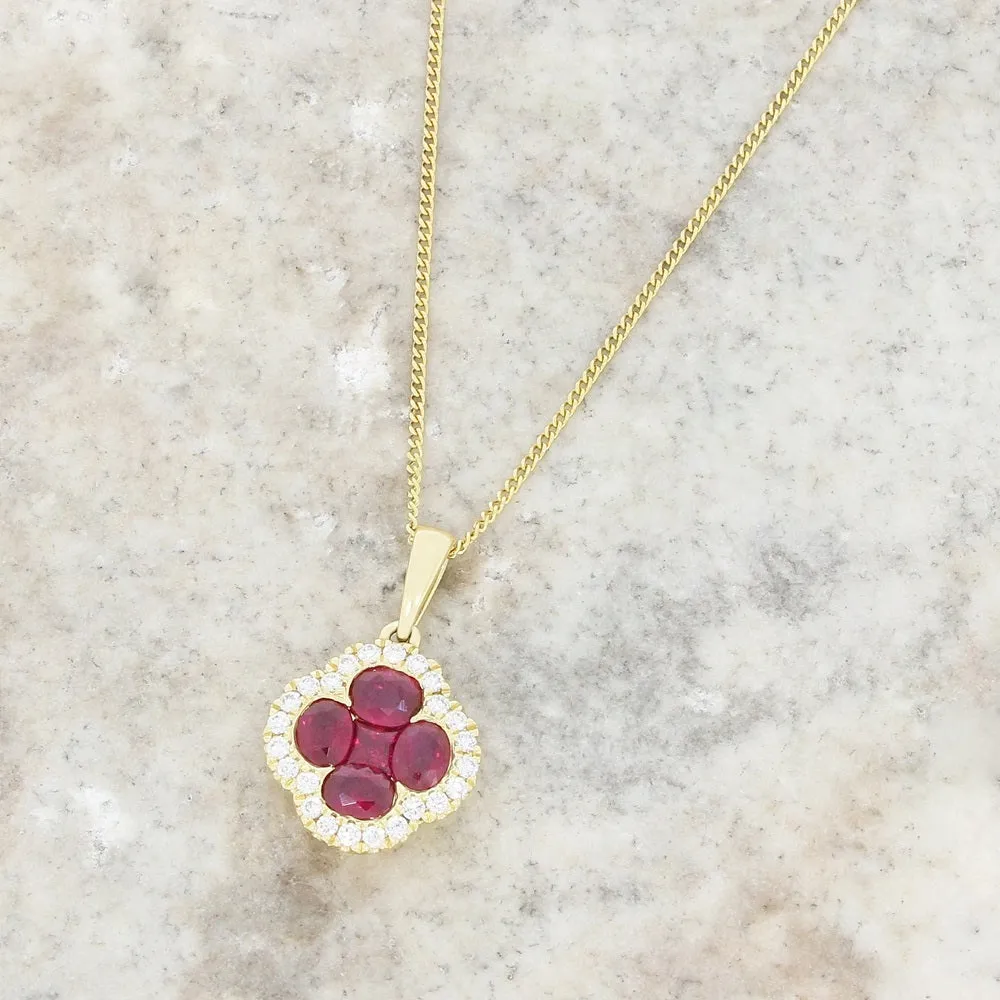 18ct Yellow Gold Ruby and Diamond Cluster Pendant and Chain