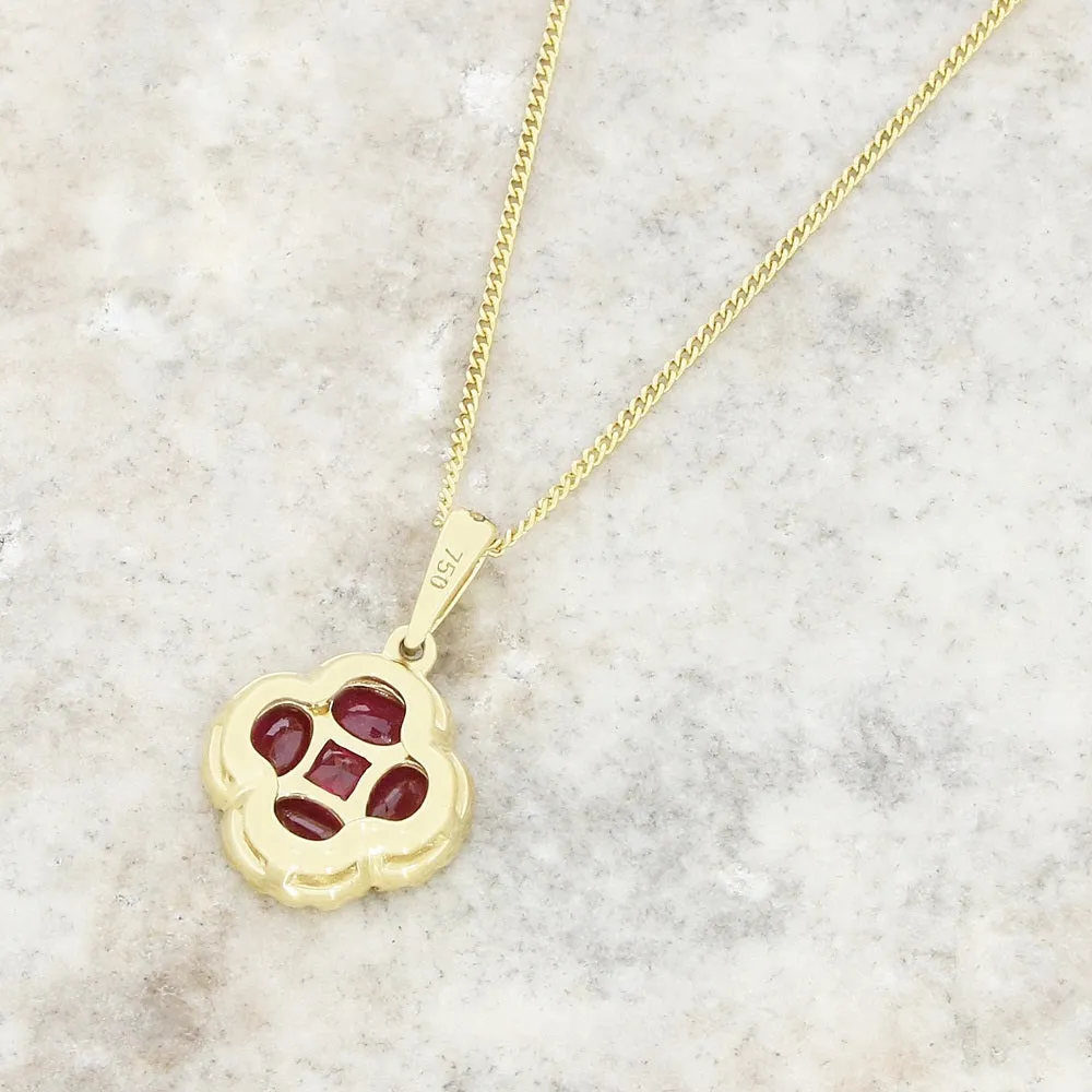 18ct Yellow Gold Ruby and Diamond Cluster Pendant and Chain