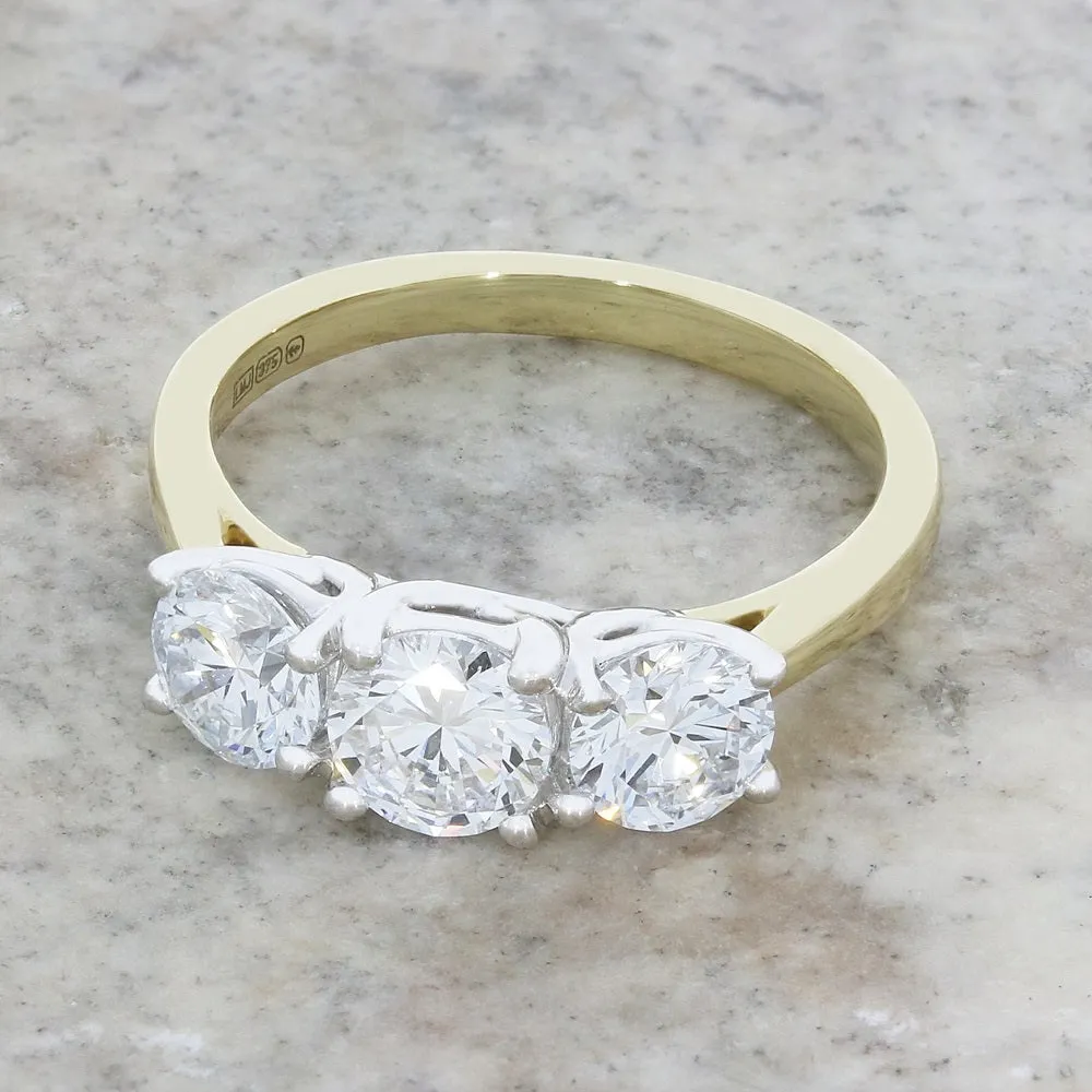 9ct Gold 1.95ct Brilliant Cut Lab Grown Diamond Three Stone Ring E VS 1