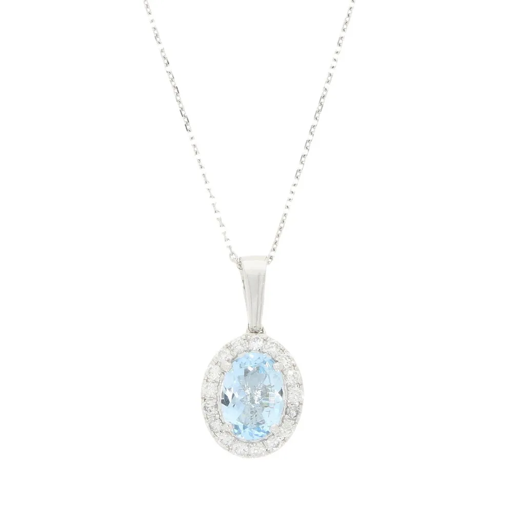 9ct White Gold 1.22ct Aquamarine and Diamond Set Pendant and Chain Necklace