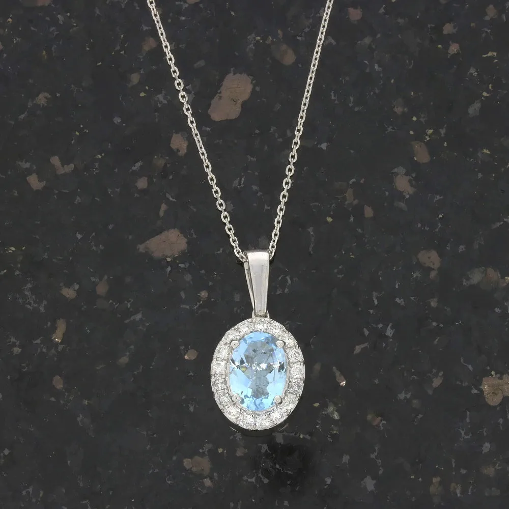 9ct White Gold 1.22ct Aquamarine and Diamond Set Pendant and Chain Necklace