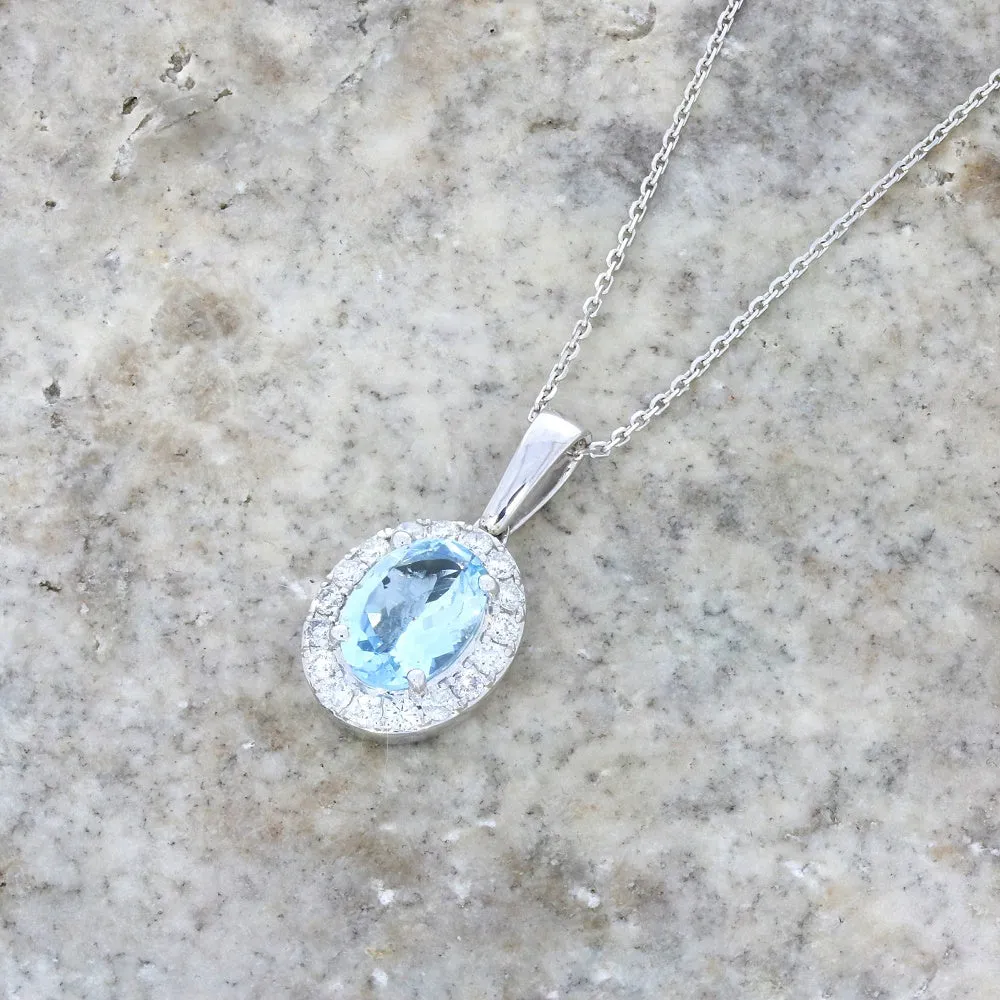 9ct White Gold 1.22ct Aquamarine and Diamond Set Pendant and Chain Necklace