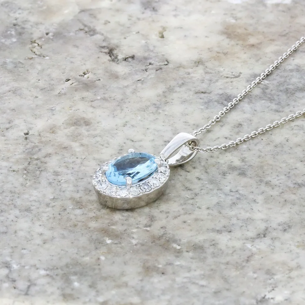 9ct White Gold 1.22ct Aquamarine and Diamond Set Pendant and Chain Necklace
