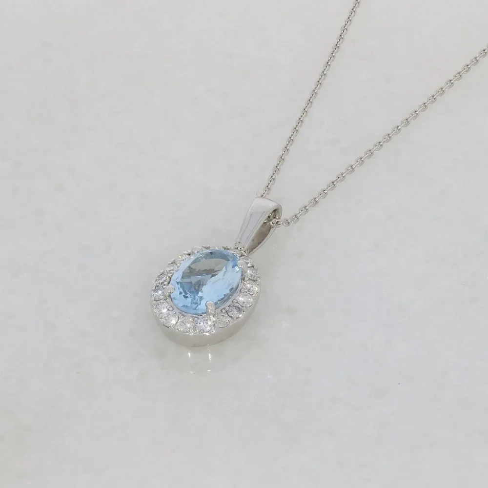 9ct White Gold 1.22ct Aquamarine and Diamond Set Pendant and Chain Necklace