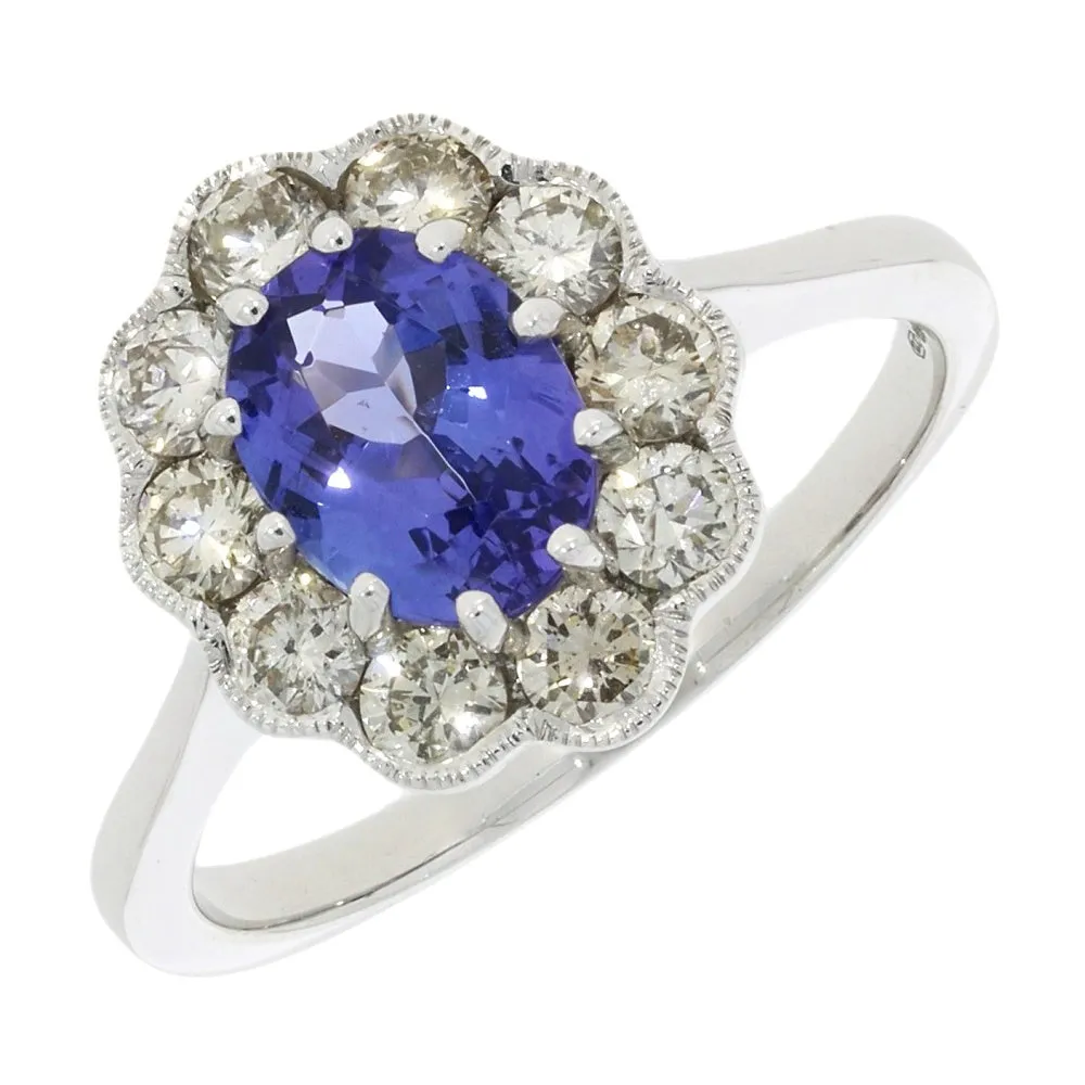 9ct White Gold 1.29cts Tanzanite and 0.80cts Diamond Cluster Ring