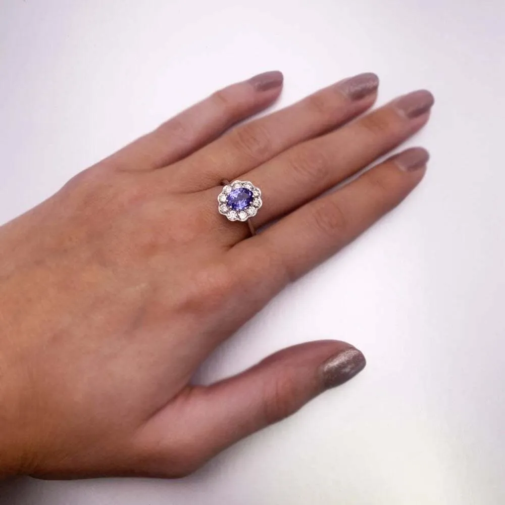 9ct White Gold 1.29cts Tanzanite and 0.80cts Diamond Cluster Ring