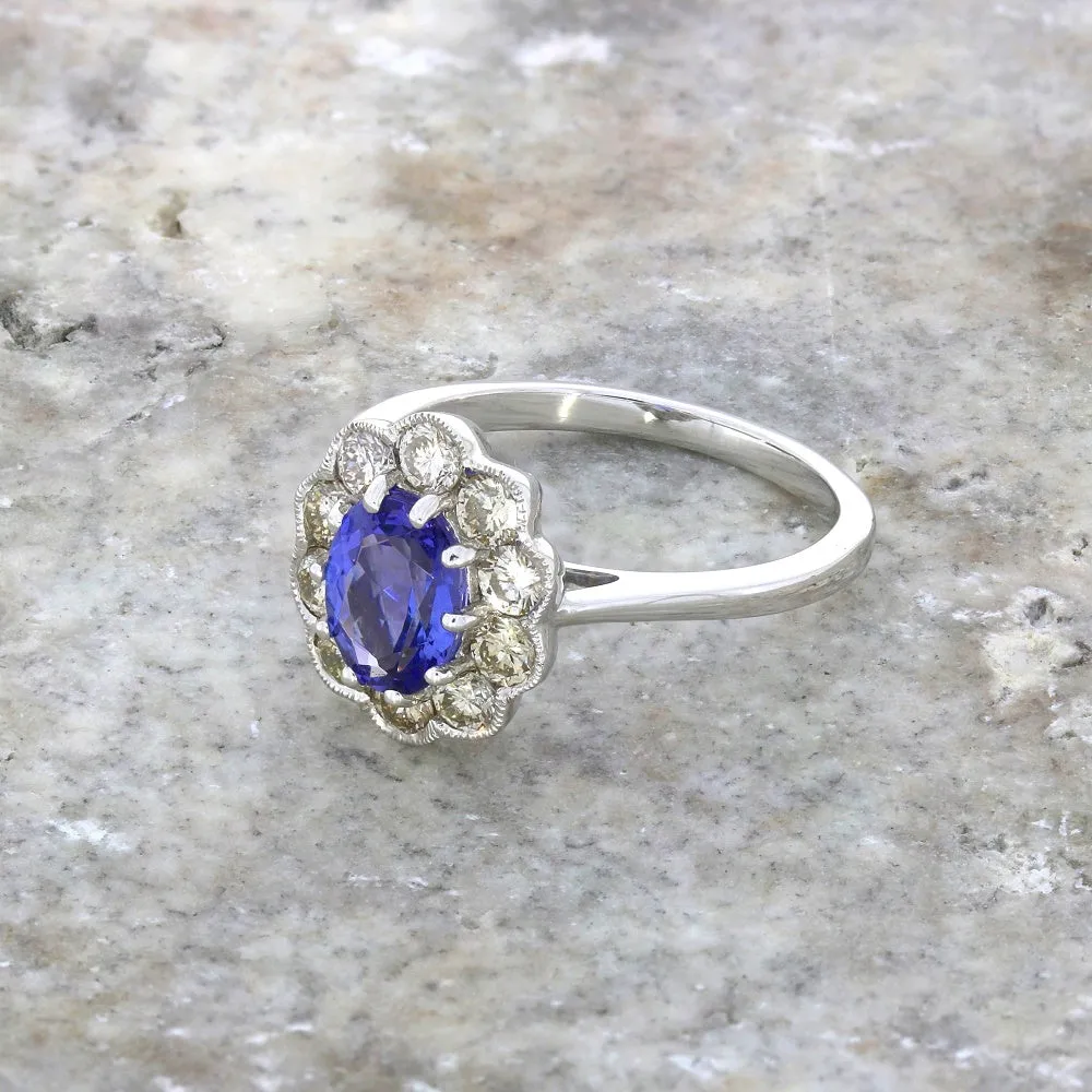 9ct White Gold 1.29cts Tanzanite and 0.80cts Diamond Cluster Ring