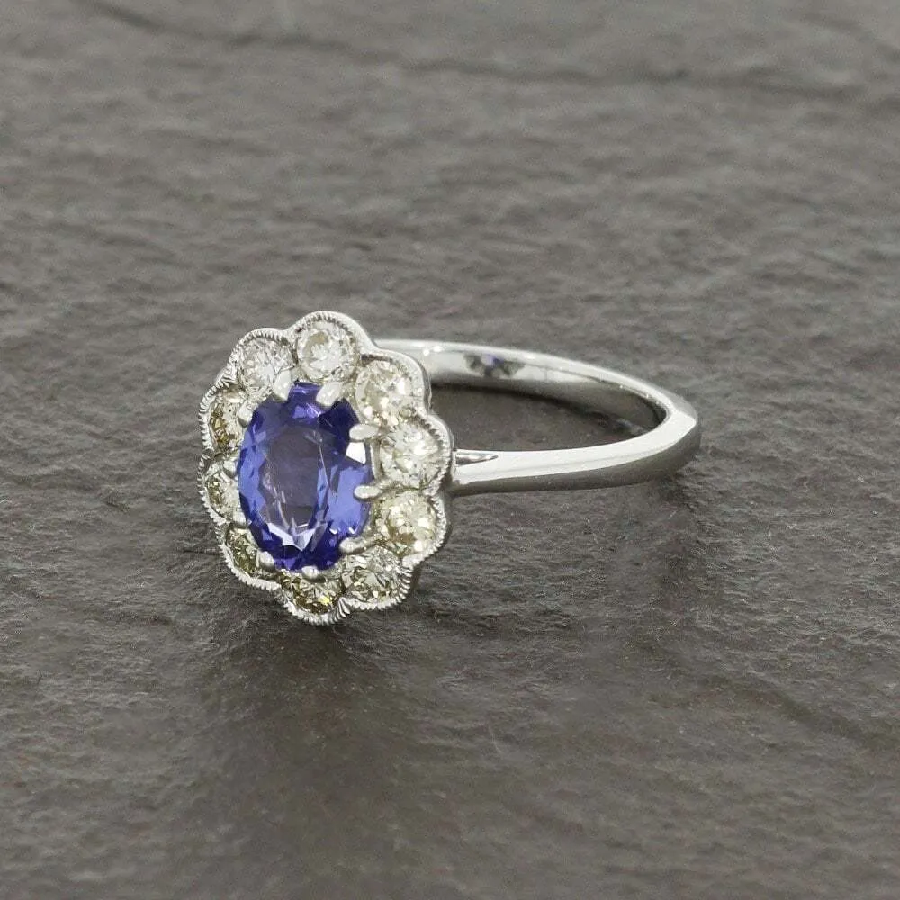 9ct White Gold 1.29cts Tanzanite and 0.80cts Diamond Cluster Ring