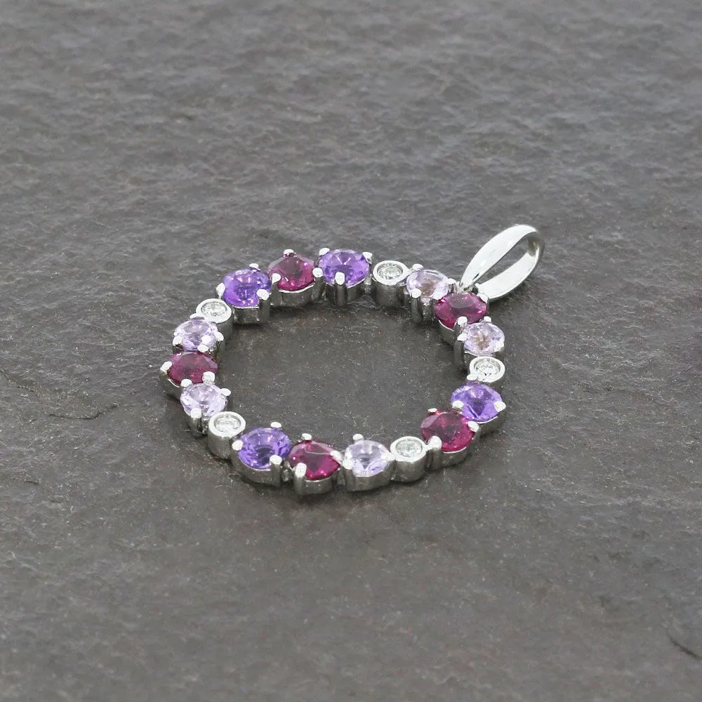 9ct White Gold Diamond Amethyst and Brazilian Garnet Circle Pendant GP2009
