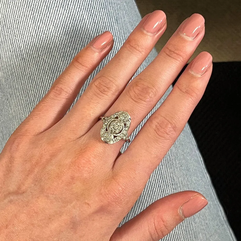 9ct White Gold Diamond Ring in a Vintage Boat Design