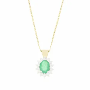 9ct Yellow Gold 0.57ct Emerald and 0.25ct Diamond Cluster Pendant and Chain