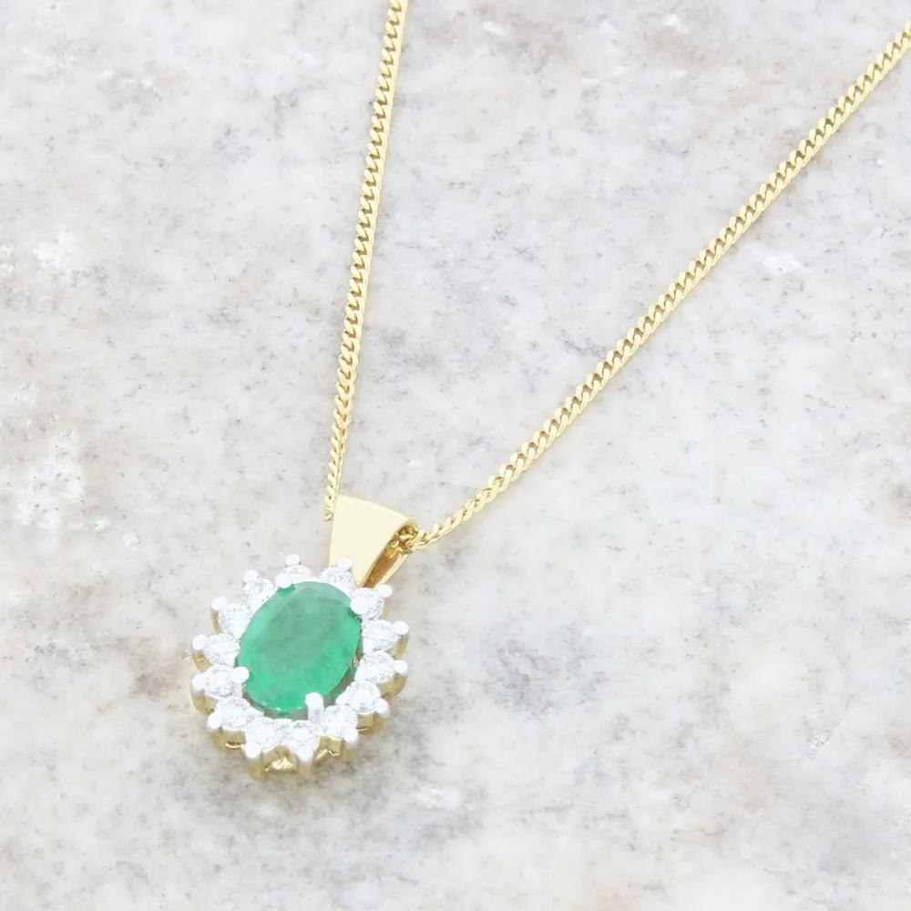 9ct Yellow Gold 0.57ct Emerald and 0.25ct Diamond Cluster Pendant and Chain