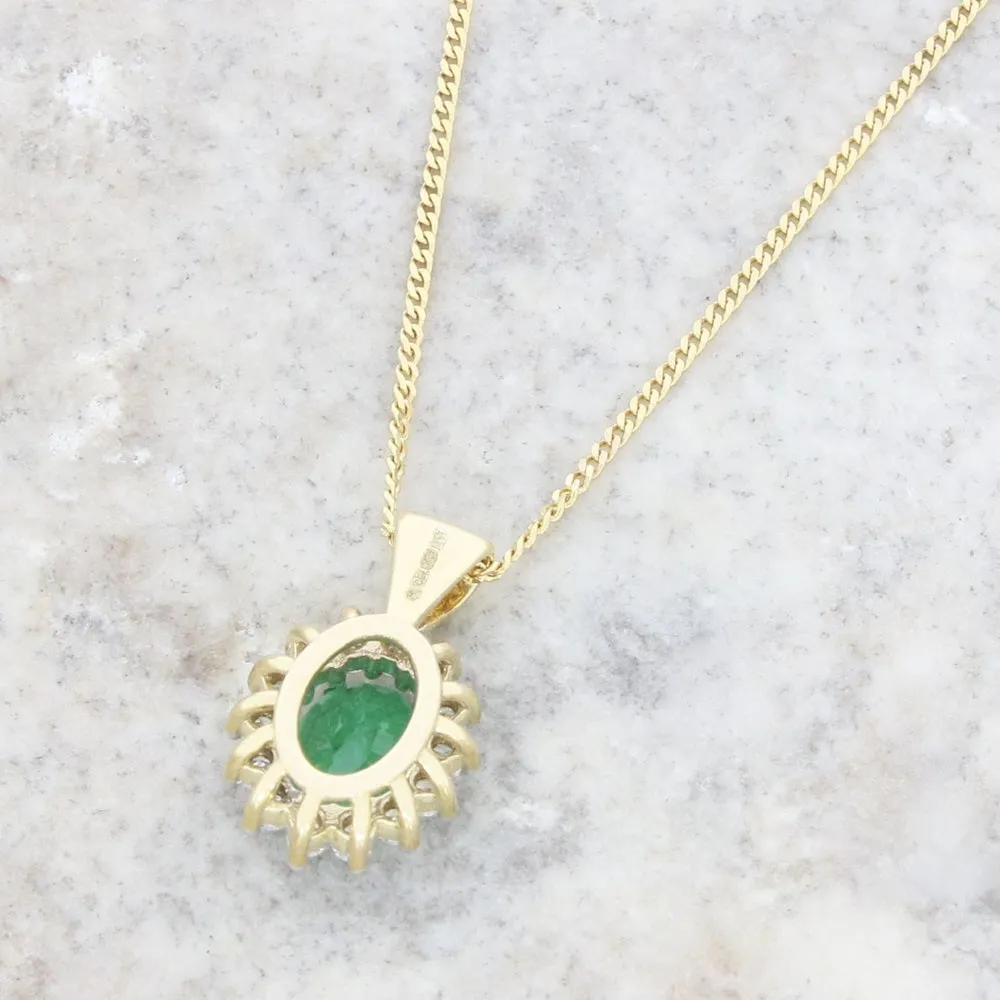 9ct Yellow Gold 0.57ct Emerald and 0.25ct Diamond Cluster Pendant and Chain