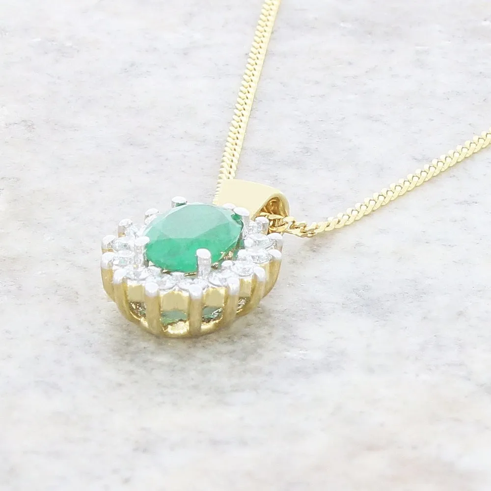 9ct Yellow Gold 0.57ct Emerald and 0.25ct Diamond Cluster Pendant and Chain