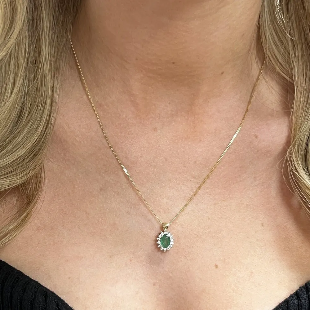 9ct Yellow Gold 0.57ct Emerald and 0.25ct Diamond Cluster Pendant and Chain