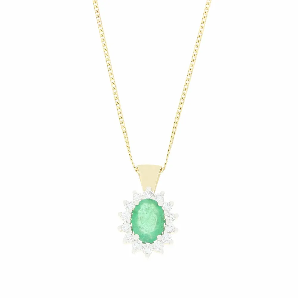 9ct Yellow Gold 0.57ct Emerald and 0.25ct Diamond Cluster Pendant and Chain