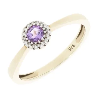 9ct Yellow Gold Amethyst and Diamond Cluster Ring
