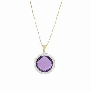9ct Yellow Gold Amethyst and Diamond Pendant and Chain