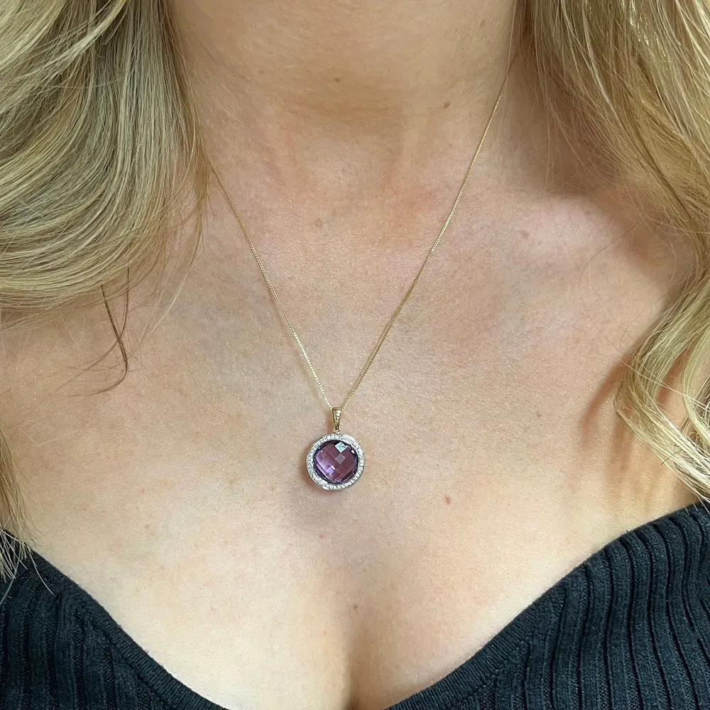 9ct Yellow Gold Amethyst and Diamond Pendant and Chain