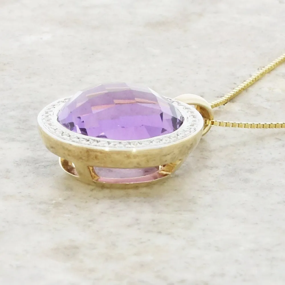 9ct Yellow Gold Amethyst and Diamond Pendant and Chain
