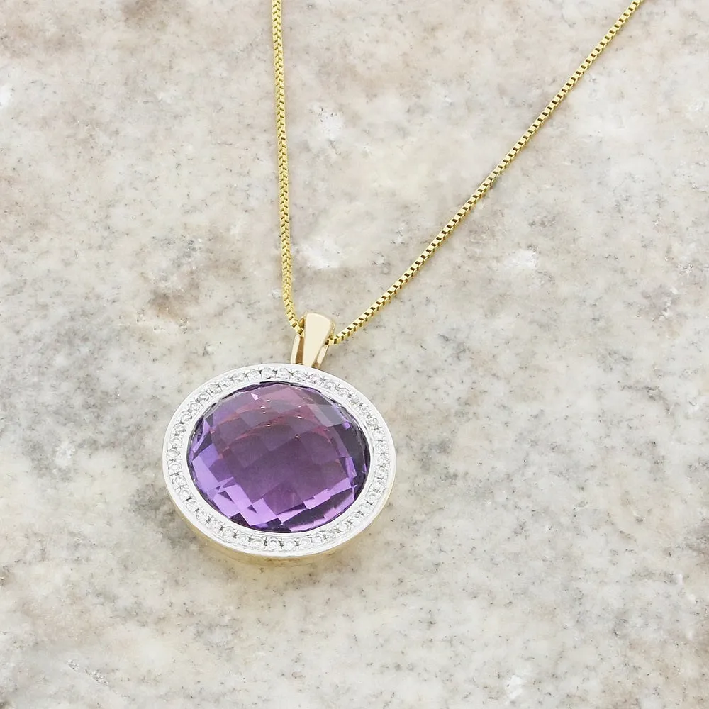 9ct Yellow Gold Amethyst and Diamond Pendant and Chain