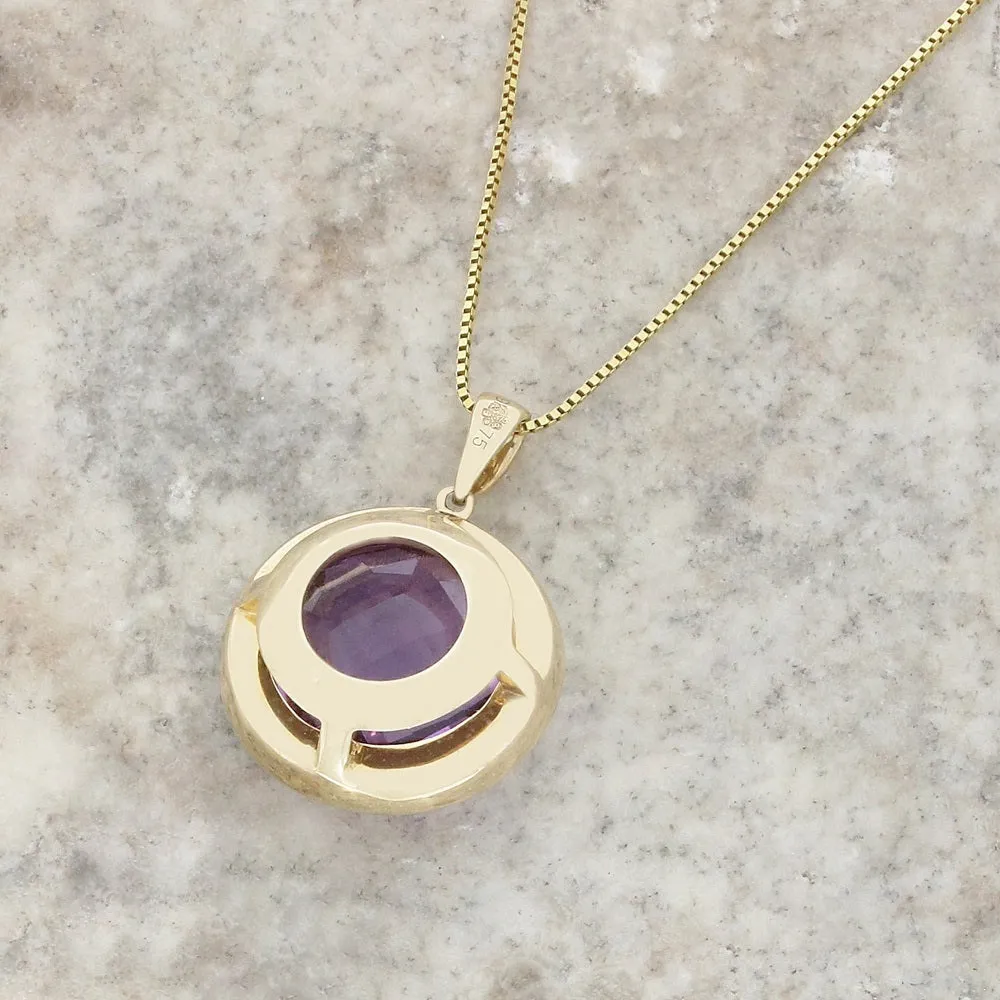 9ct Yellow Gold Amethyst and Diamond Pendant and Chain