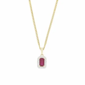 9ct Yellow Gold Ruby and Diamond Cluster Pendant and Chain