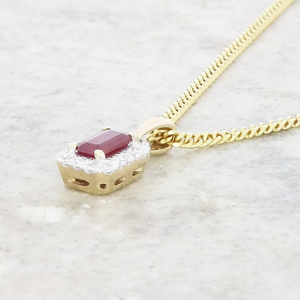 9ct Yellow Gold Ruby and Diamond Cluster Pendant and Chain