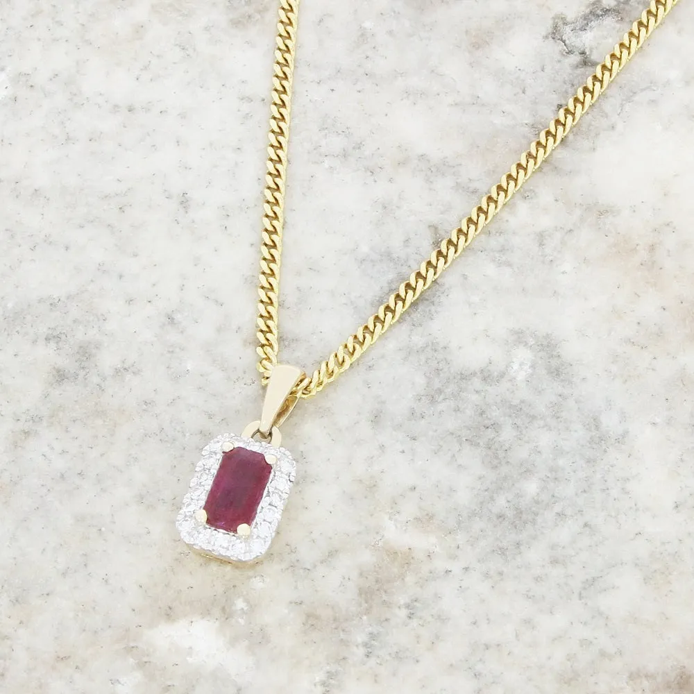 9ct Yellow Gold Ruby and Diamond Cluster Pendant and Chain