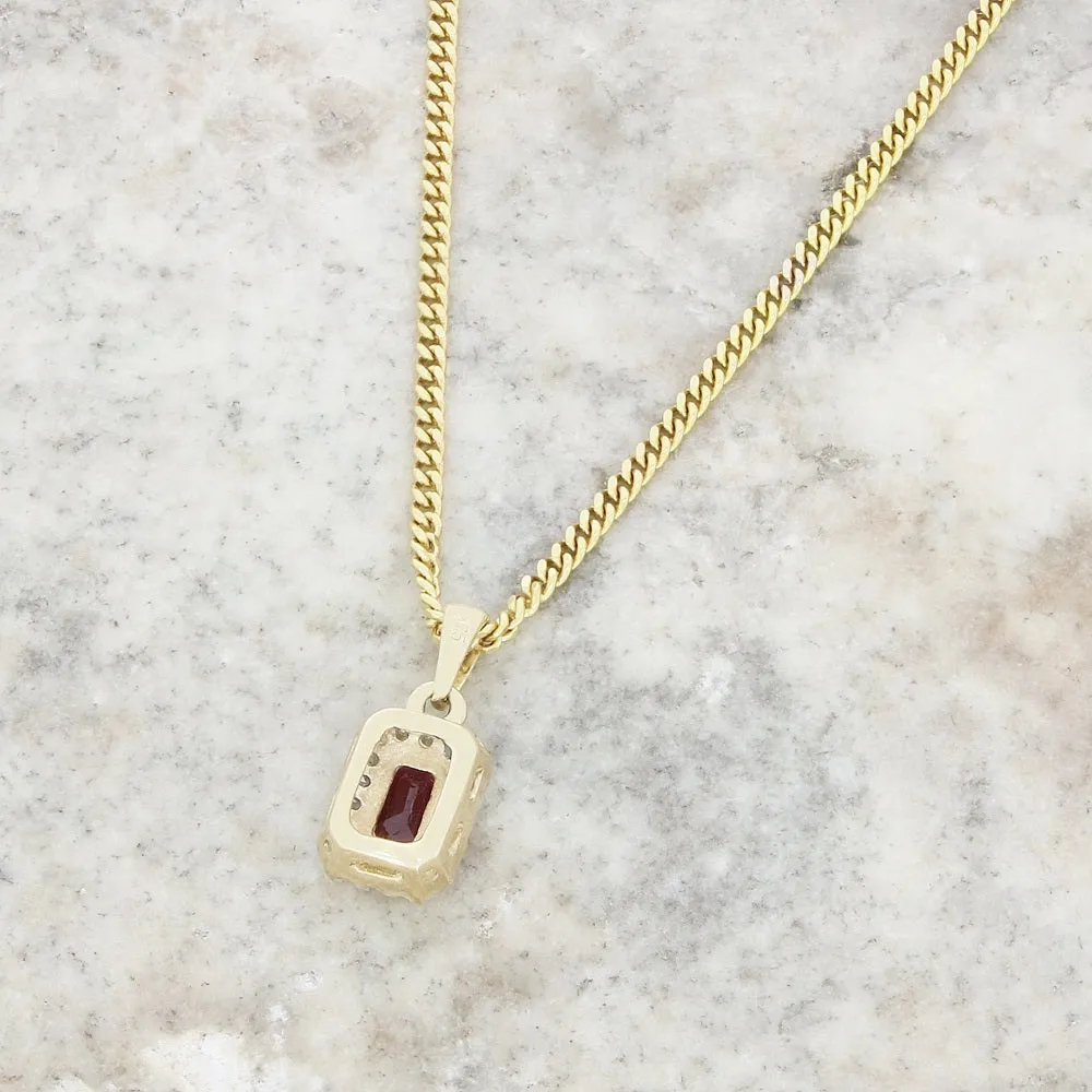 9ct Yellow Gold Ruby and Diamond Cluster Pendant and Chain