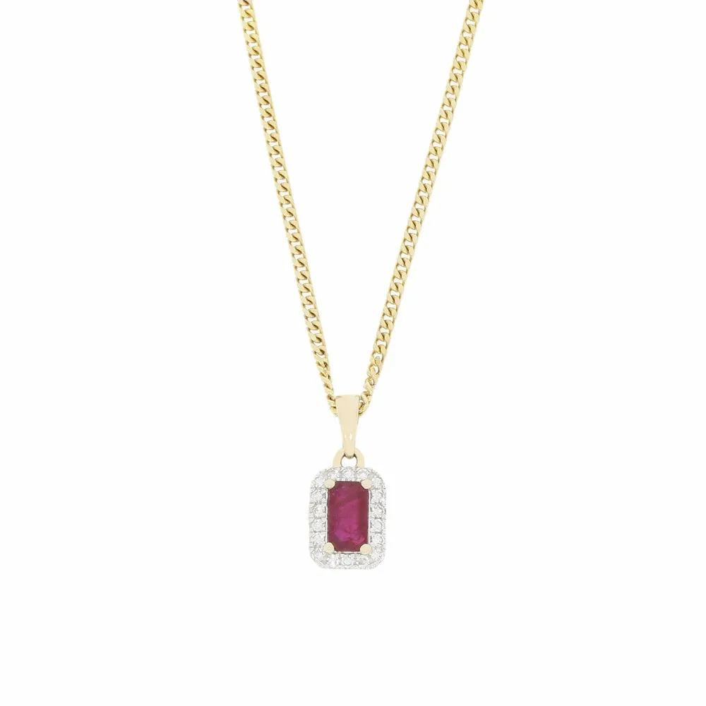 9ct Yellow Gold Ruby and Diamond Cluster Pendant and Chain