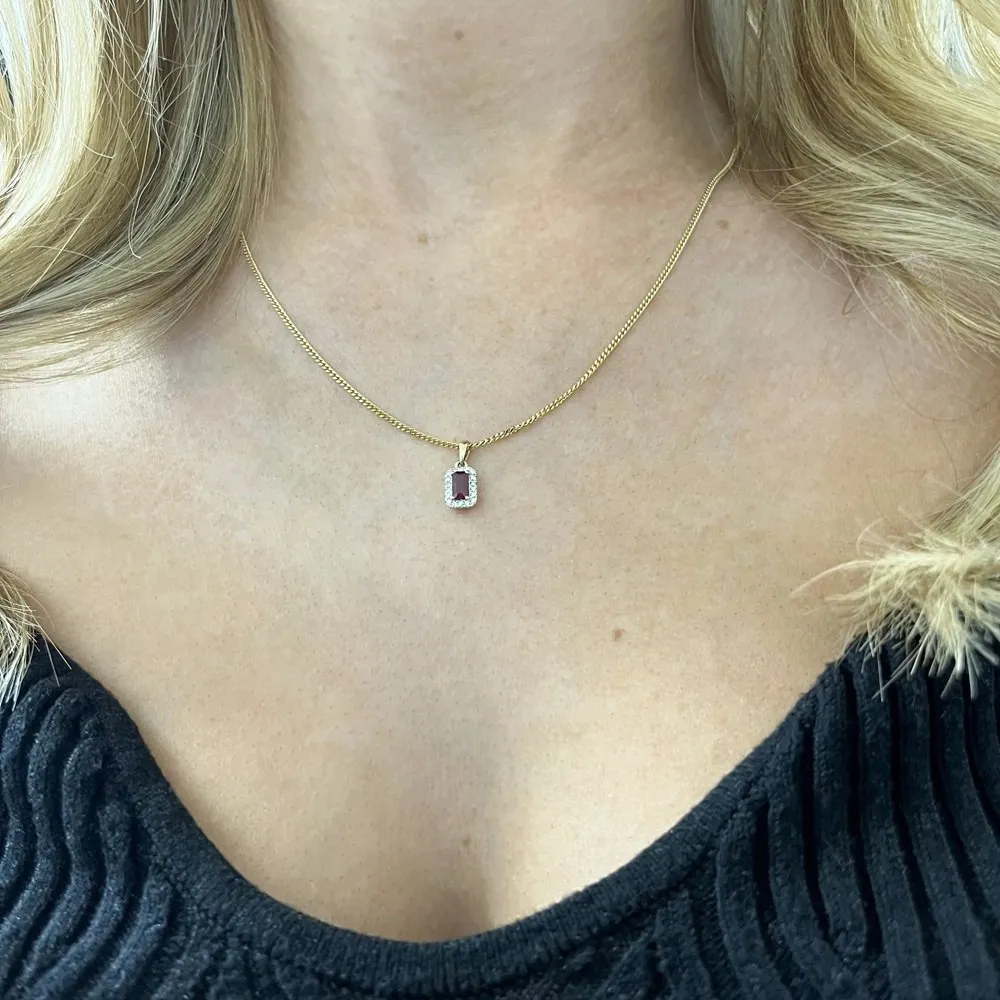 9ct Yellow Gold Ruby and Diamond Cluster Pendant and Chain