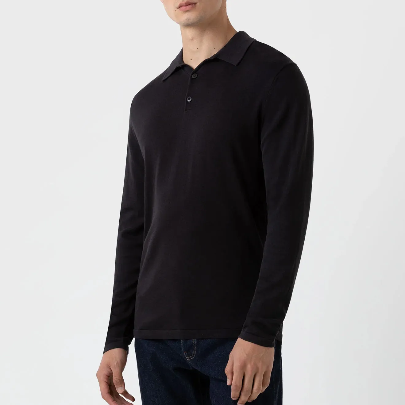 Affordable Luxury Sunspel Sea Island L/S Polo Knitwear Black  Going Fast!