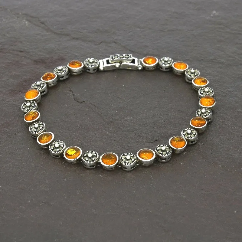 Amber and Marcasite Sterling Silver Ladies Bracelet