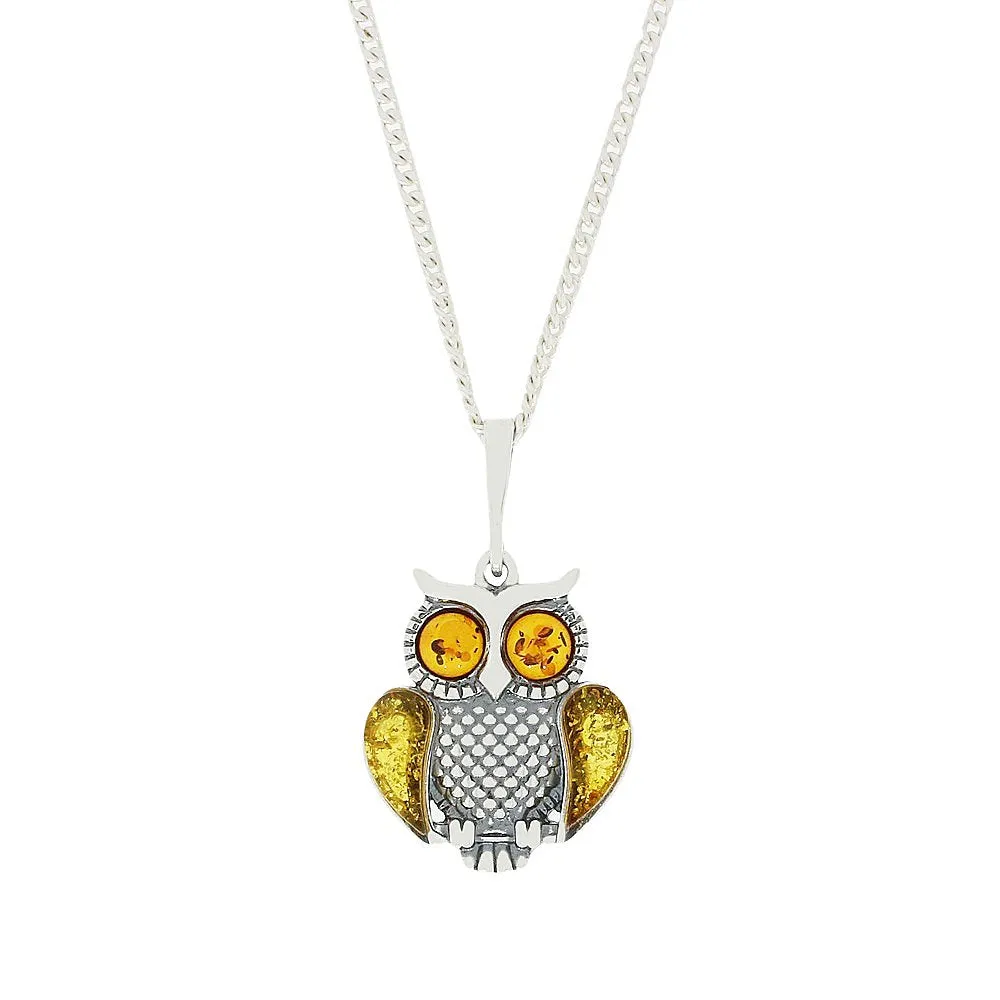 Amber Sterling Silver Owl Pendant and Chain