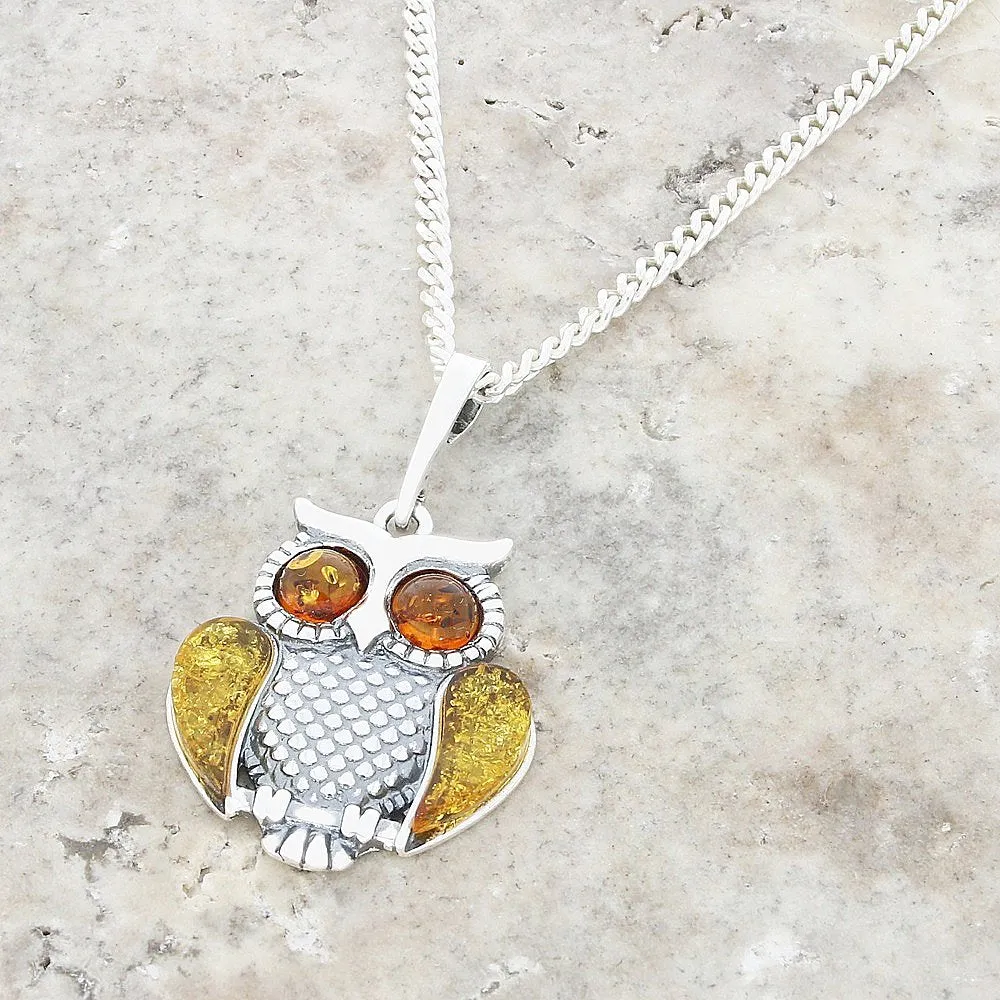Amber Sterling Silver Owl Pendant and Chain