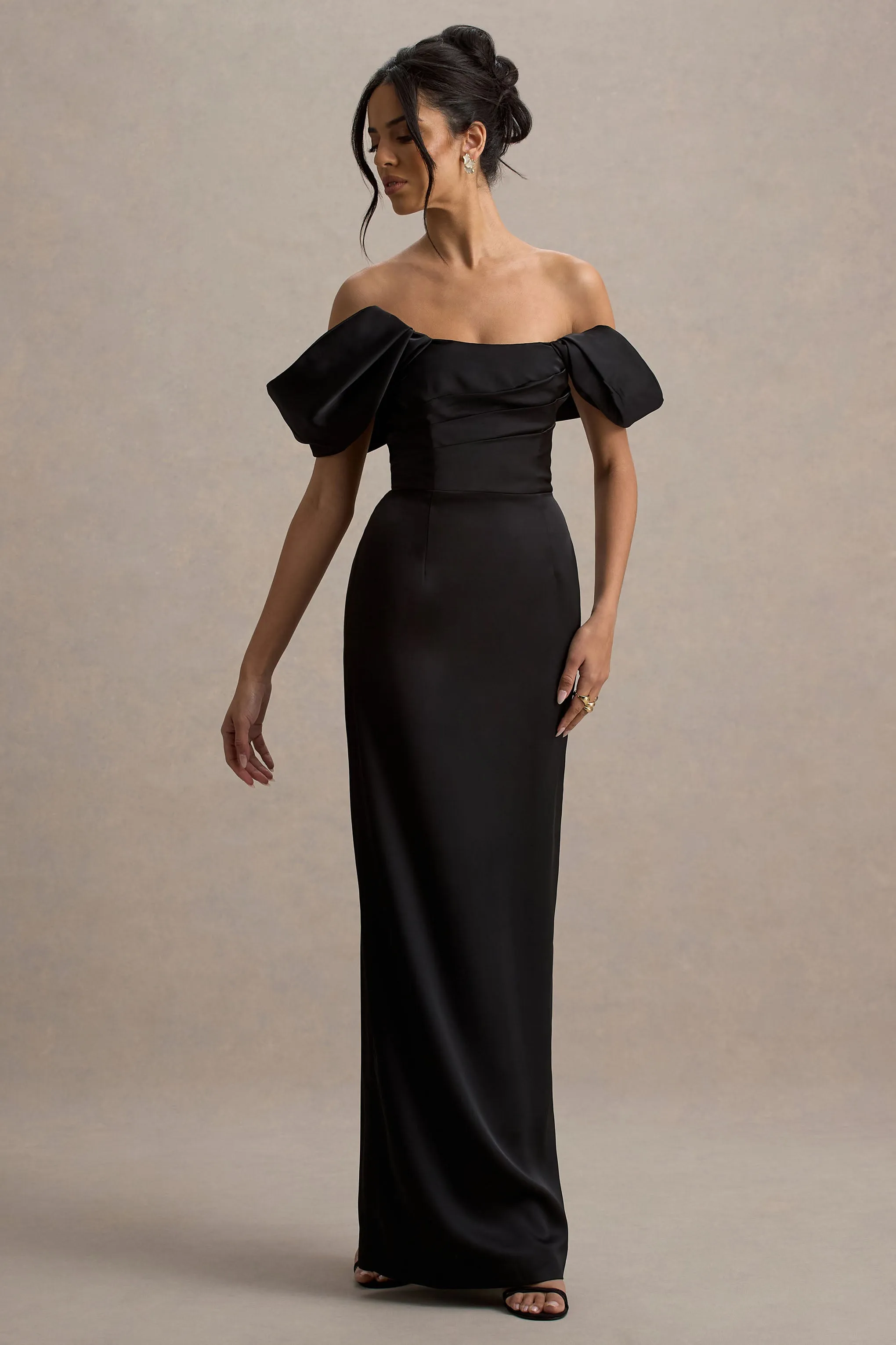 Annita | Black Satin Bardot Maxi Dress Club L London