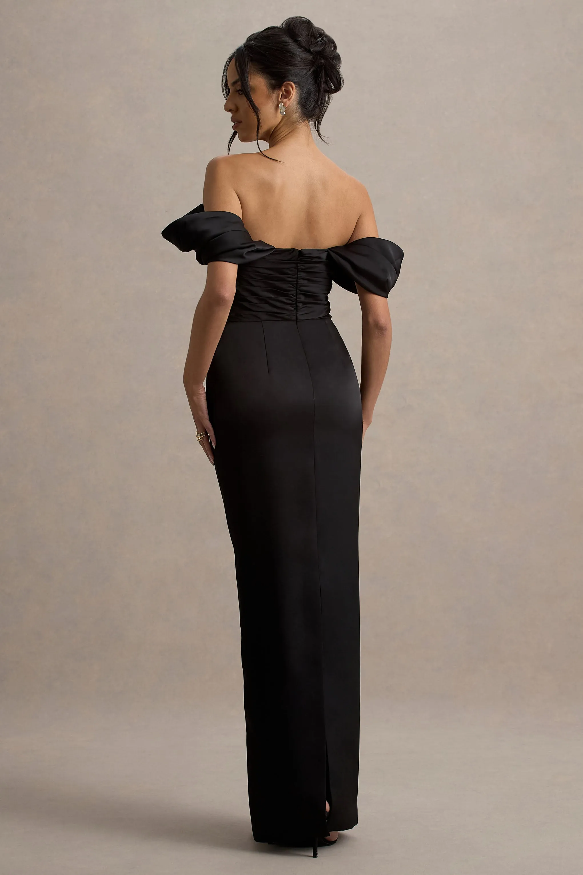 Annita | Black Satin Bardot Maxi Dress Club L London